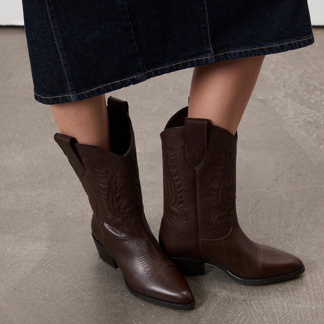 Noa Kahve Kadın Desenli Deri Kovboy Çizmesi