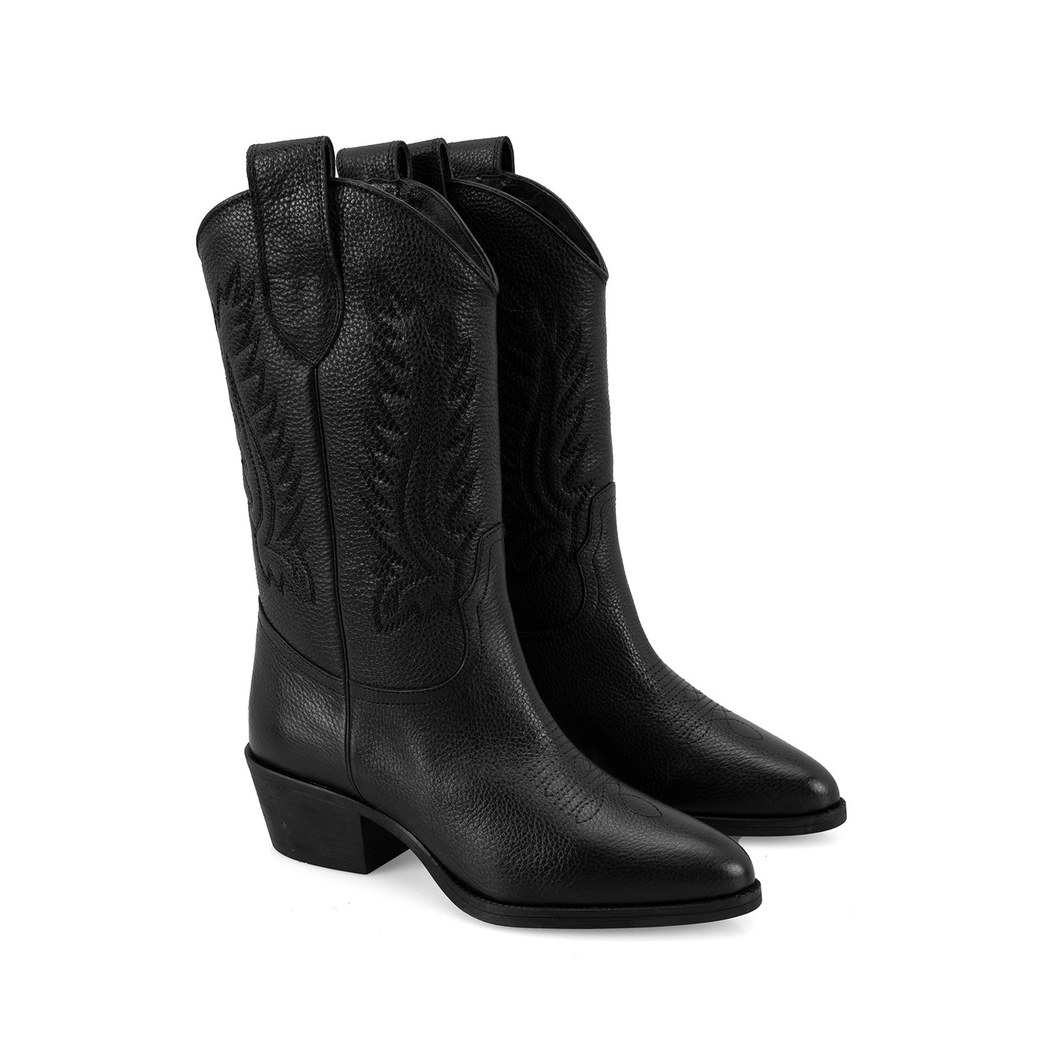Noa Siyah Kadın Desenli Deri Kovboy Çizmesi