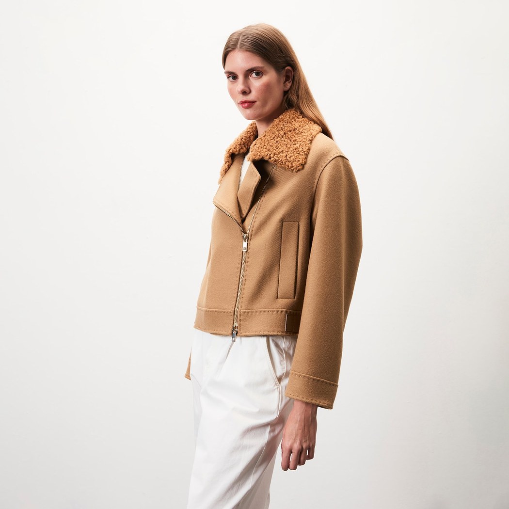 Rigella Kahve Yakası Kürklü Kadın Biker Ceket