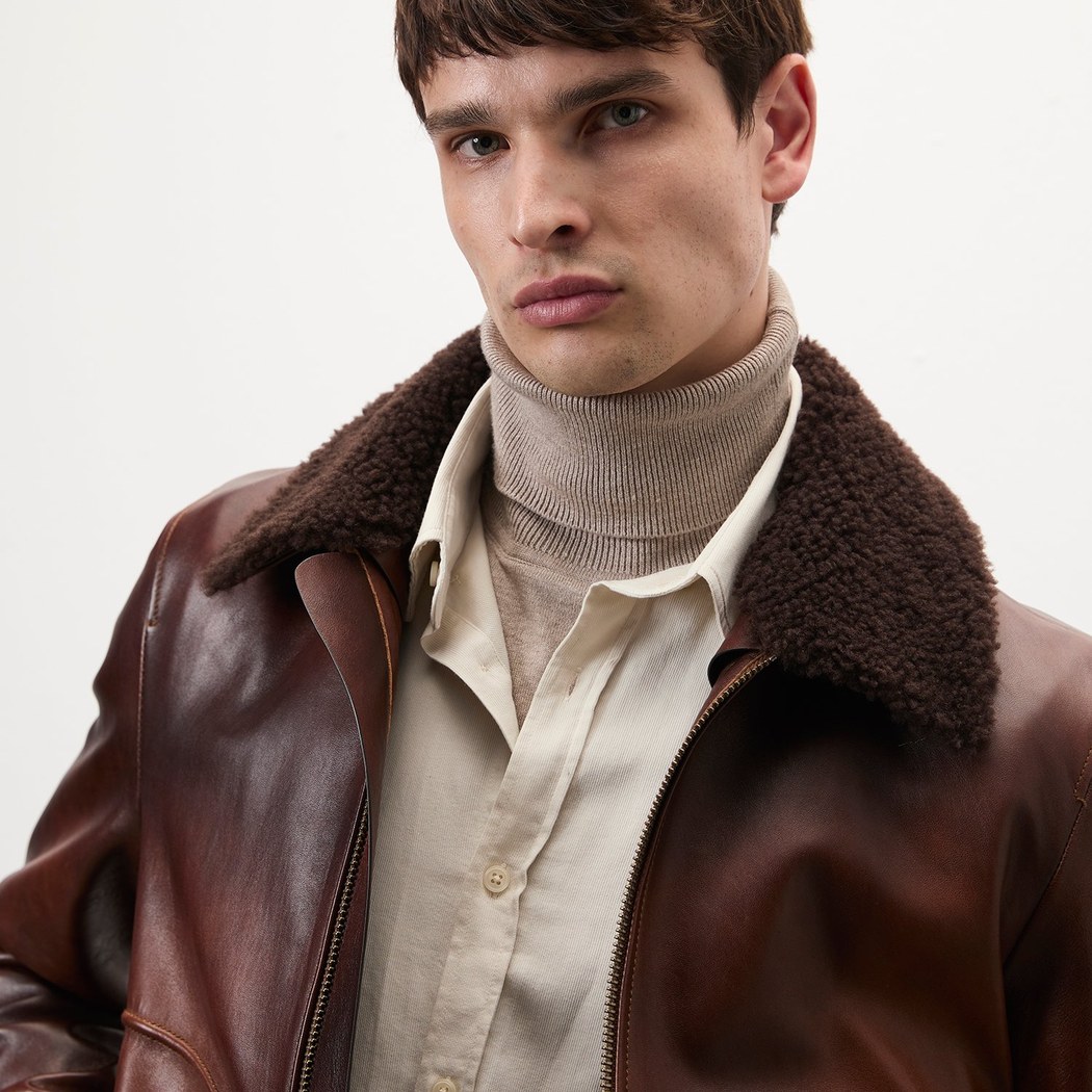Safira Kahve Erkek Kürk Yakalı Deri Ceket
