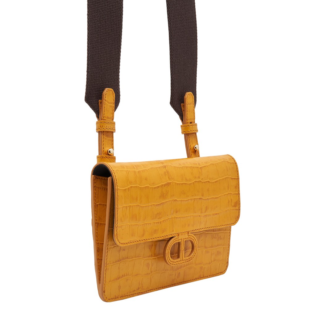 Sarı Fels Kadın Kroko Baskılı Deri Omuz Askılı Çanta