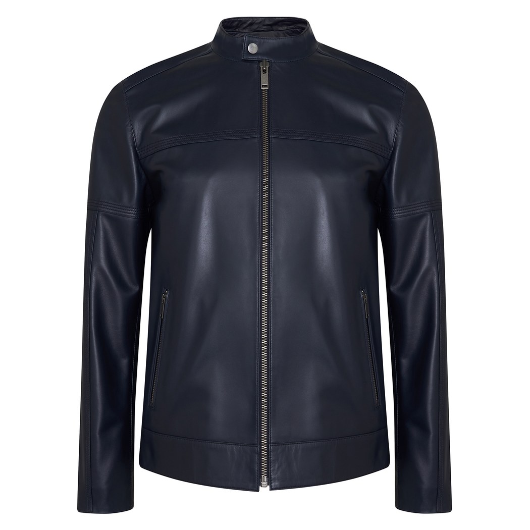 Selino Lacivert Erkek Kapüşonlü Deri Mont