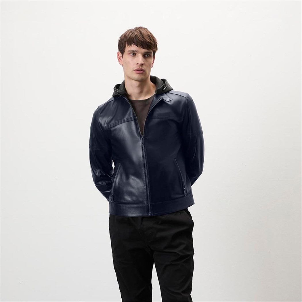 Selino Lacivert Erkek Kapüşonlü Deri Mont