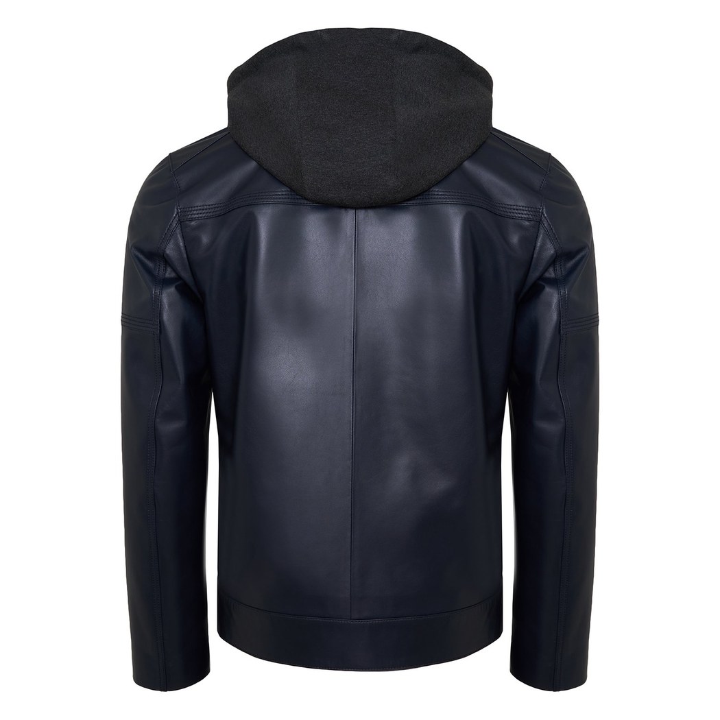 Selino Lacivert Erkek Kapüşonlü Deri Mont