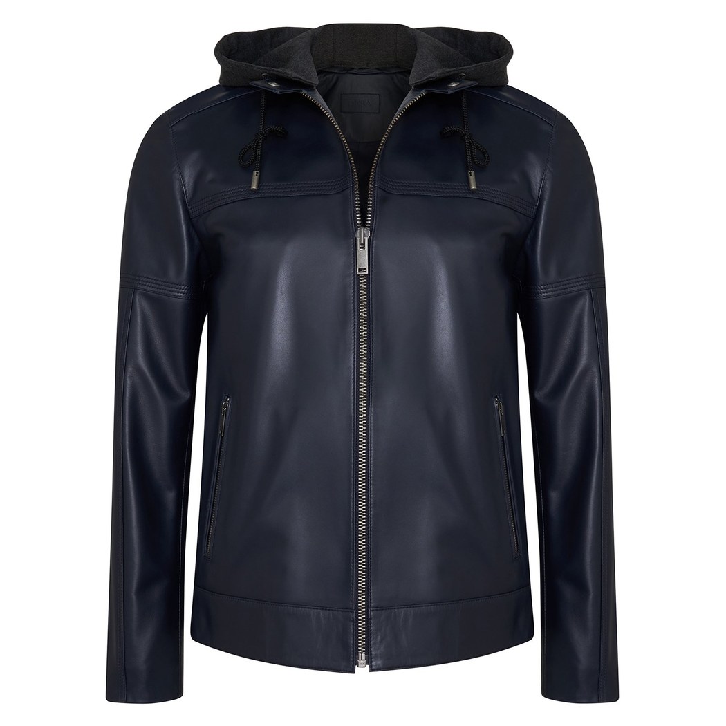 Selino Lacivert Erkek Kapüşonlü Deri Mont