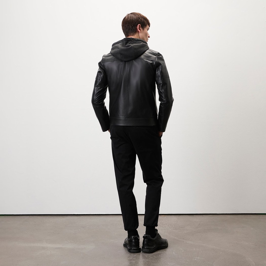 Selino Siyah Erkek Kapüşonlü Deri Mont