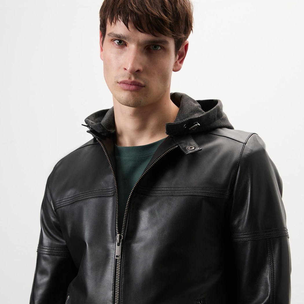 Selino Siyah Erkek Kapüşonlü Deri Mont