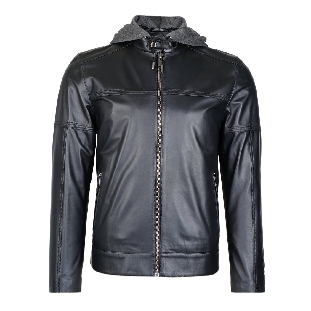 Selino Siyah Erkek Kapüşonlü Deri Mont