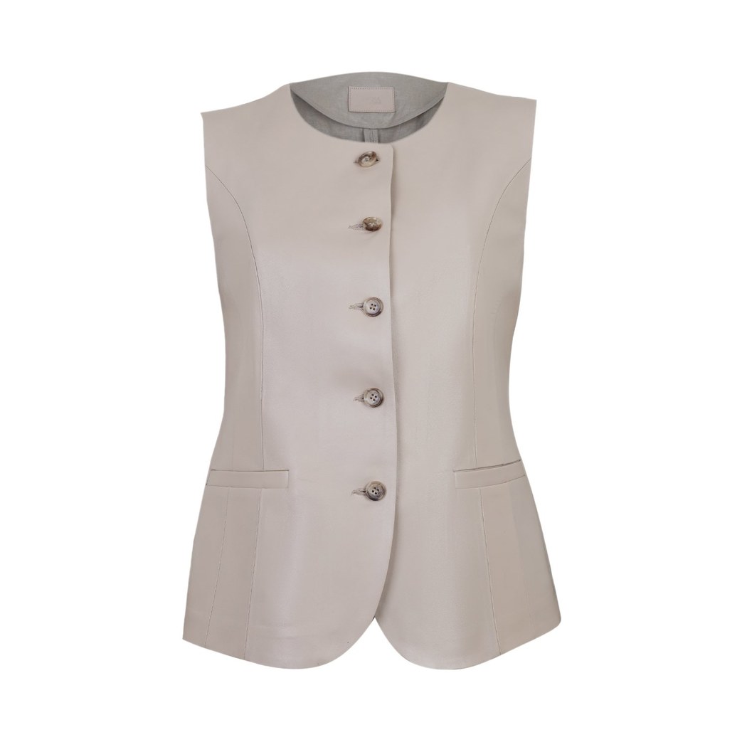 Siena Bej Kadın Deri Keten Yelek/Bluz