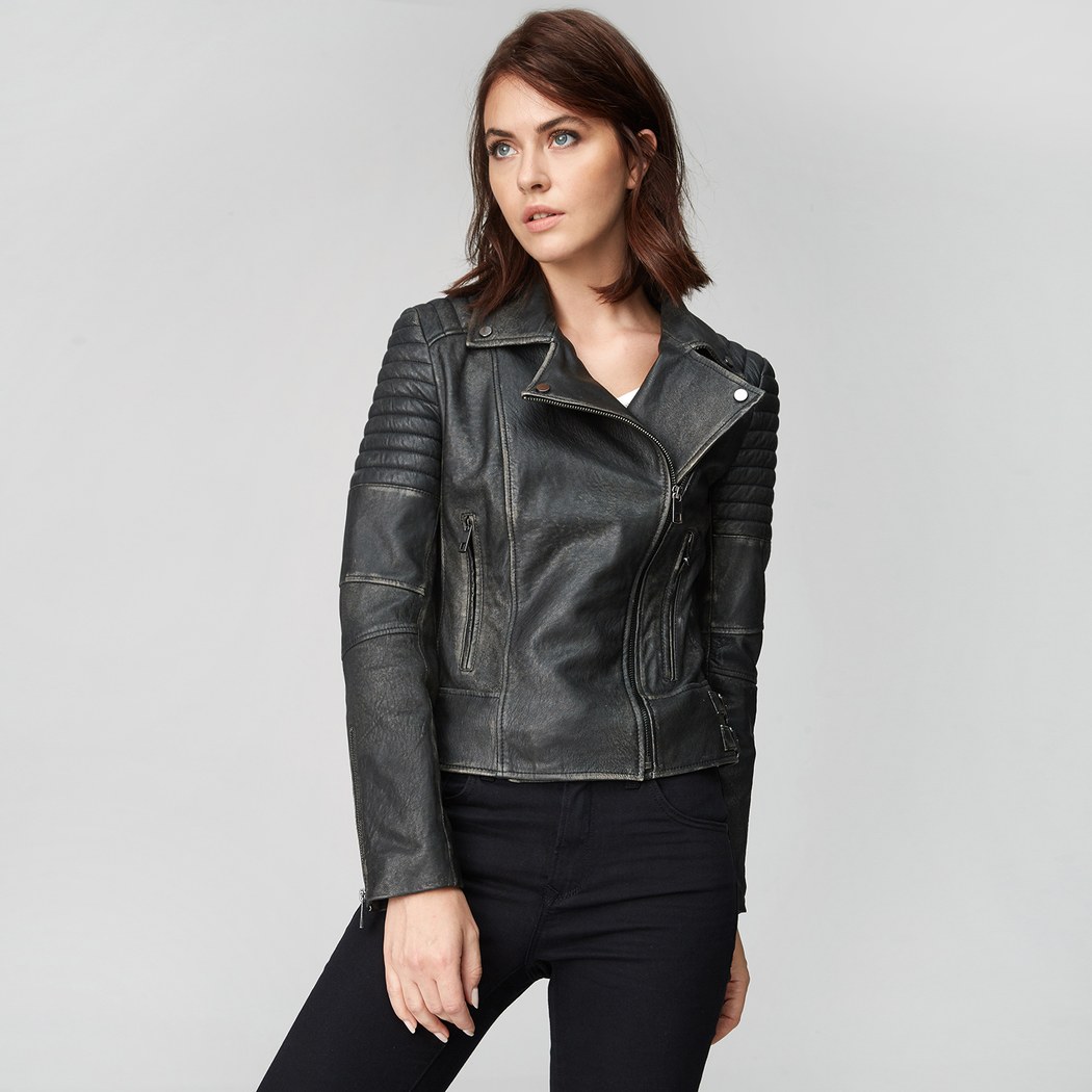 Siyah Bonita Kadın Deri Biker Mont