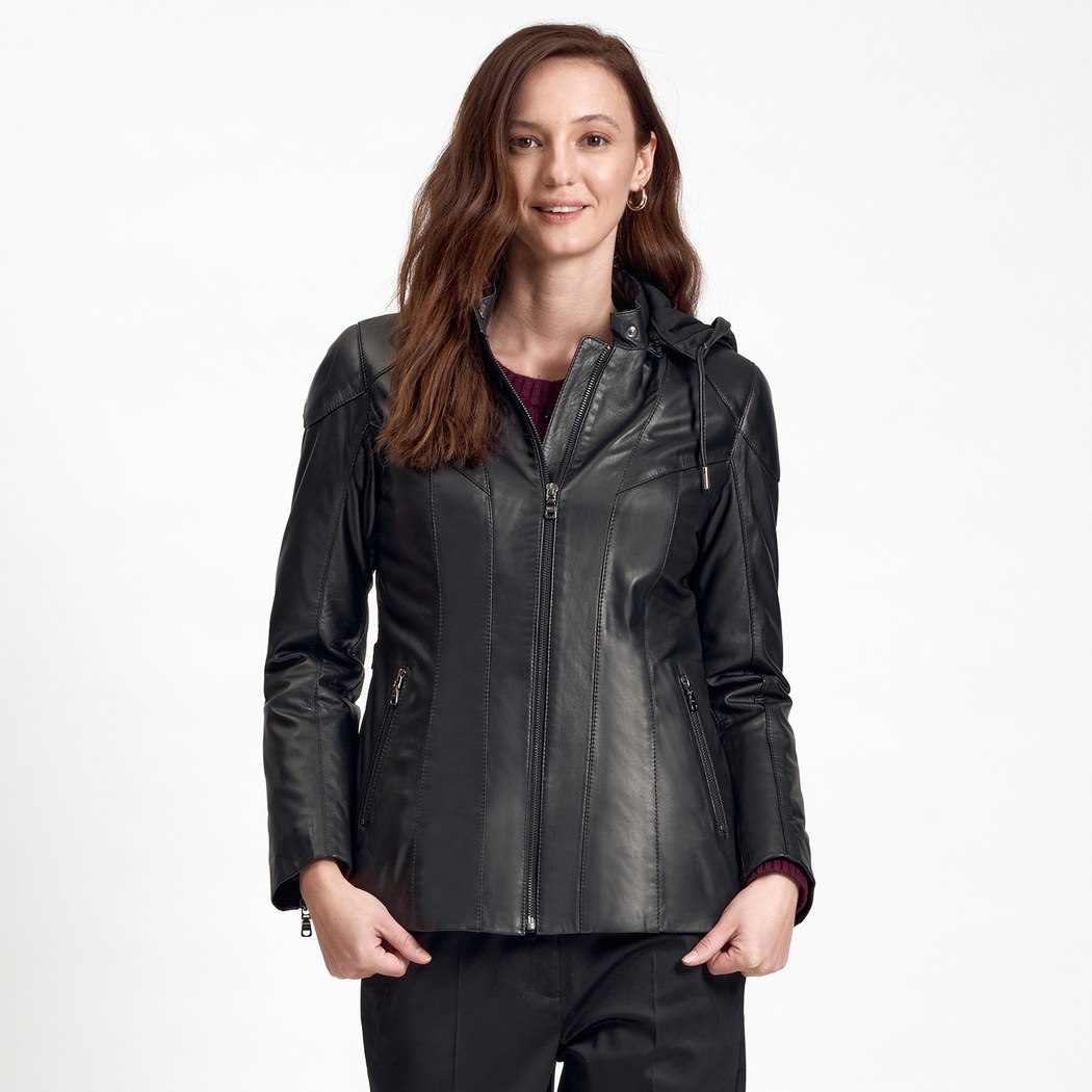 Siyah Dayra Kadın Deri Mont