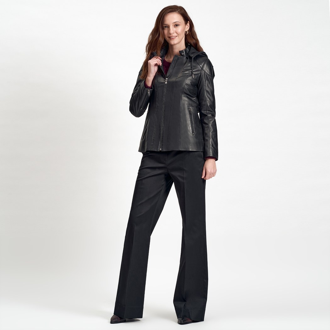 Siyah Dayra Kadın Deri Mont