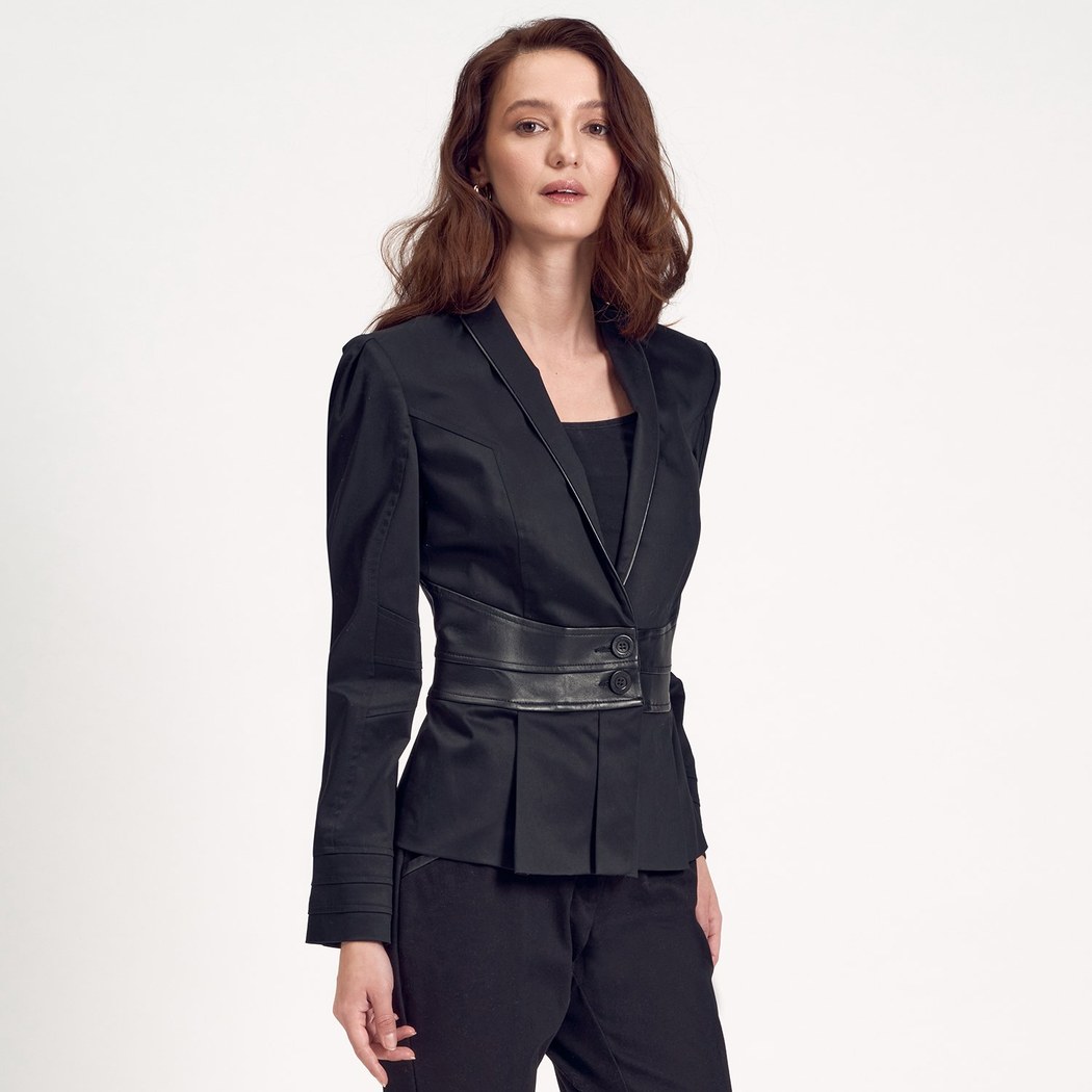Siyah Deri Detaylı Kadın Ceket