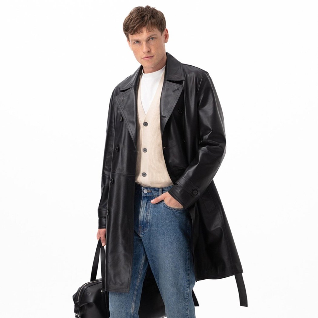 Siyah Erkek Deri Trençkot