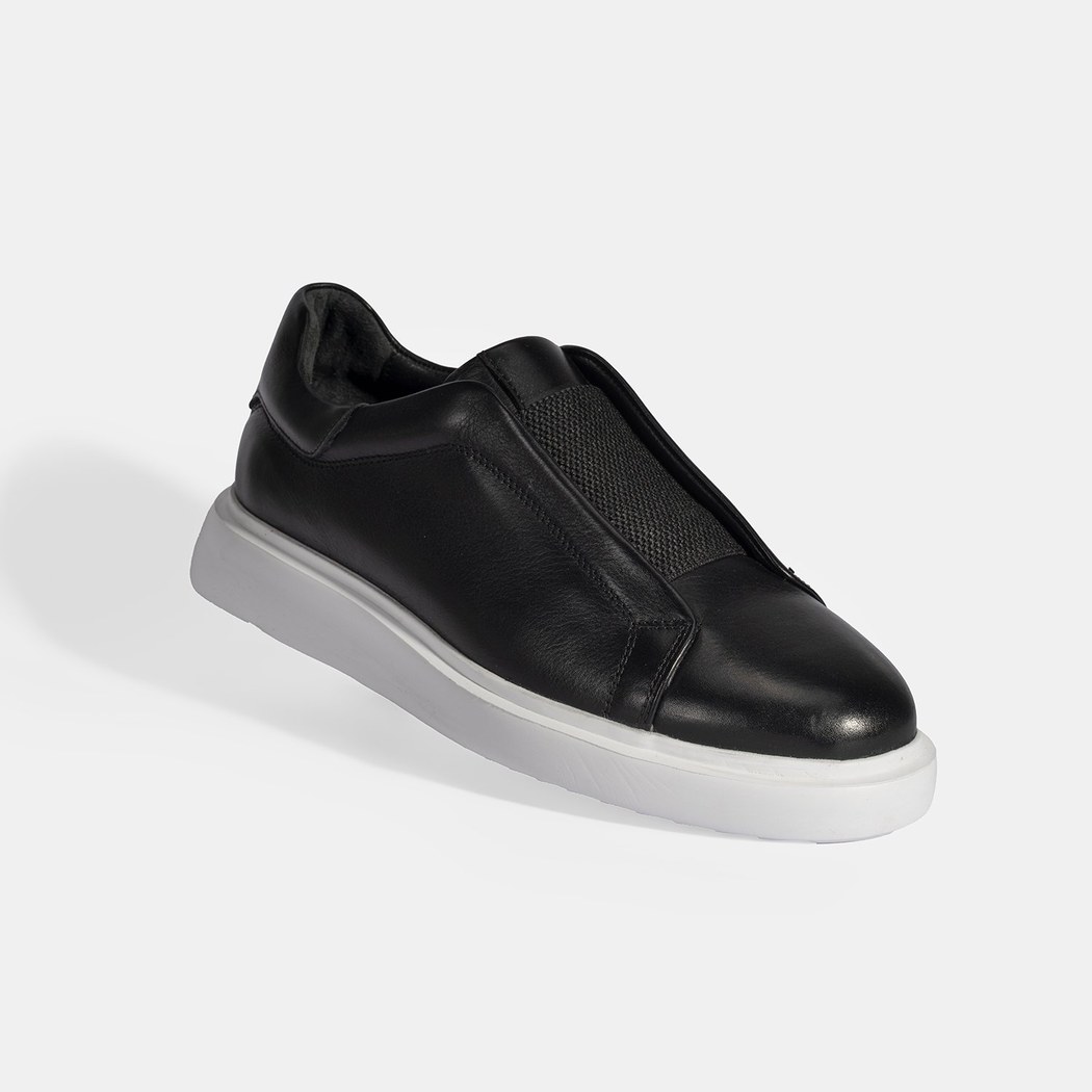 Siyah Erkek Lastik Detaylı Deri Günlük Ayakkabı