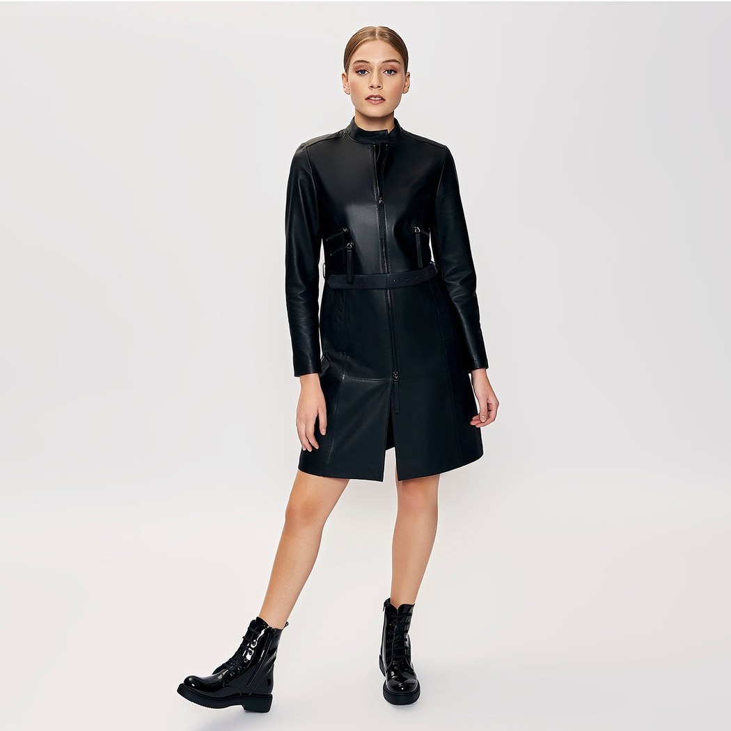 Siyah Kadın Deri Trençkot