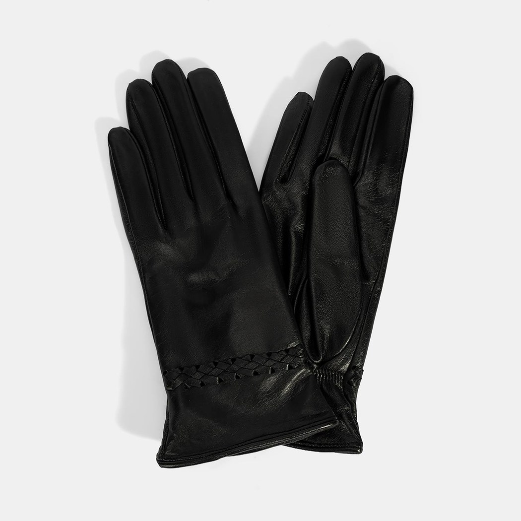 Siyah Kadın Örgülü Deri Eldiven