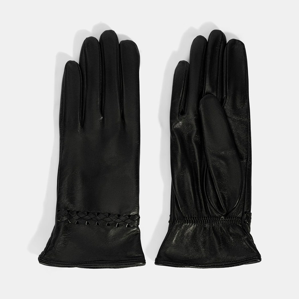 Siyah Kadın Örgülü Deri Eldiven