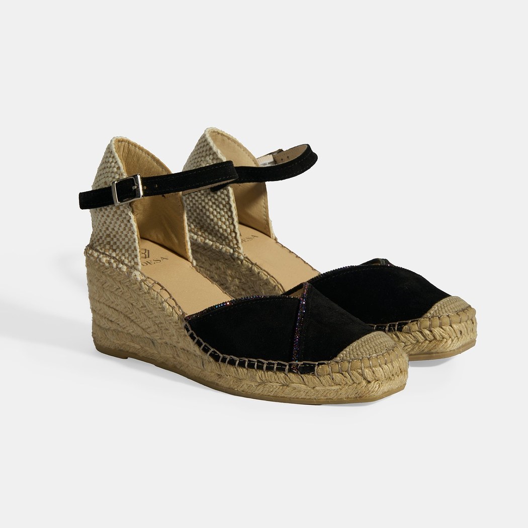 Siyah Kadın Toka Aksesuarlı Taş Detaylı Dolgu Topuklu Süet Espadril