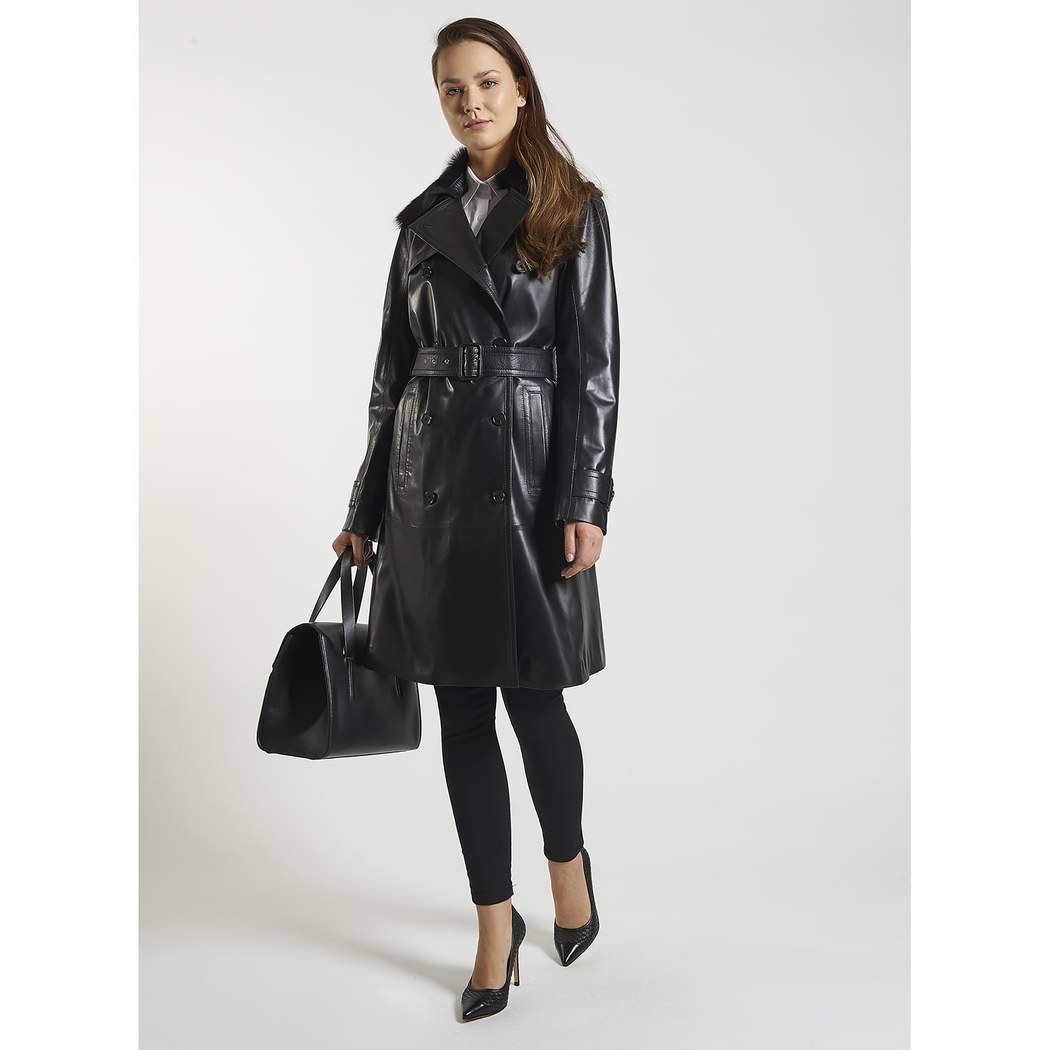 Siyah Marjorie Kadın Deri Trençkot