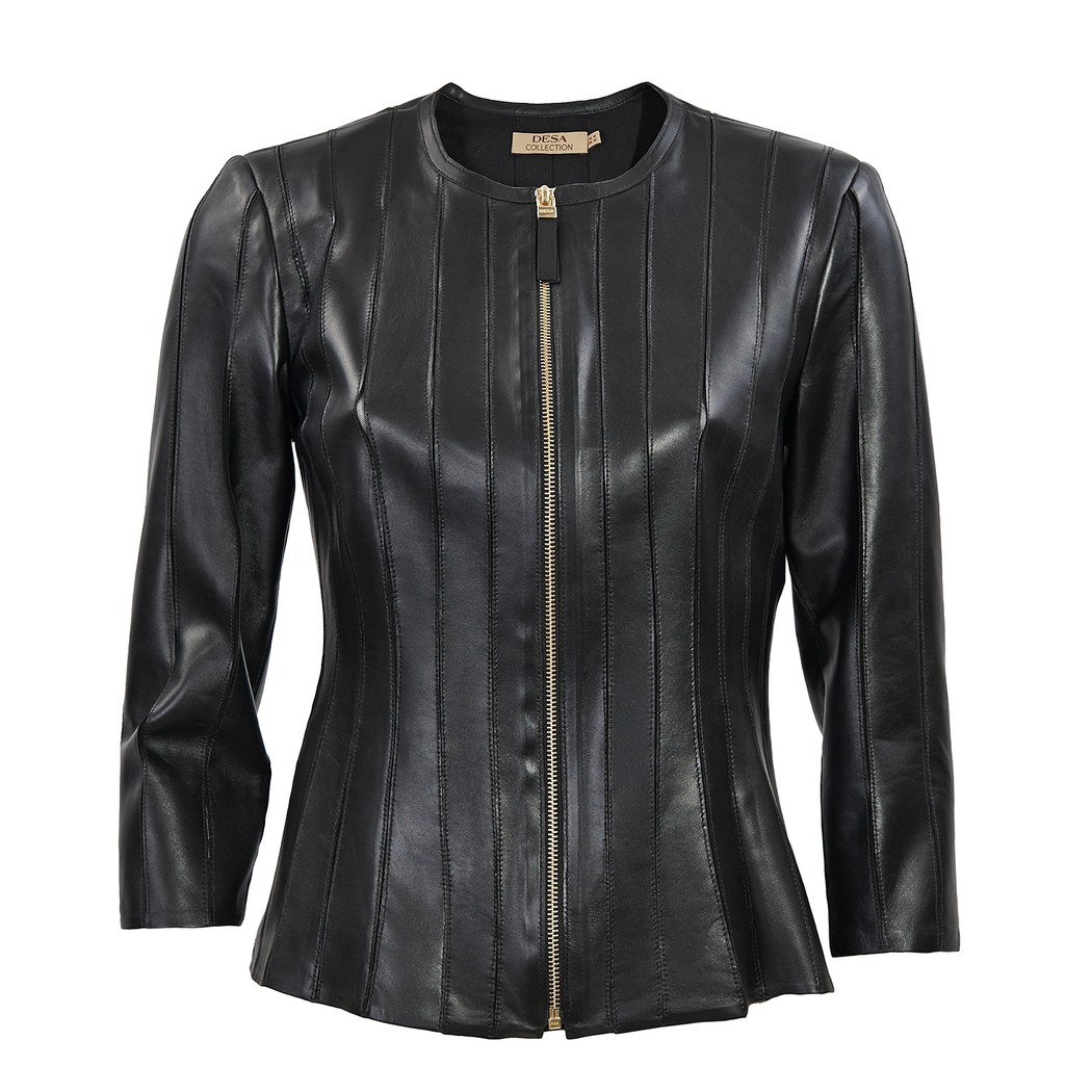 Siyah Menilis Kadın Panelli Deri Biker