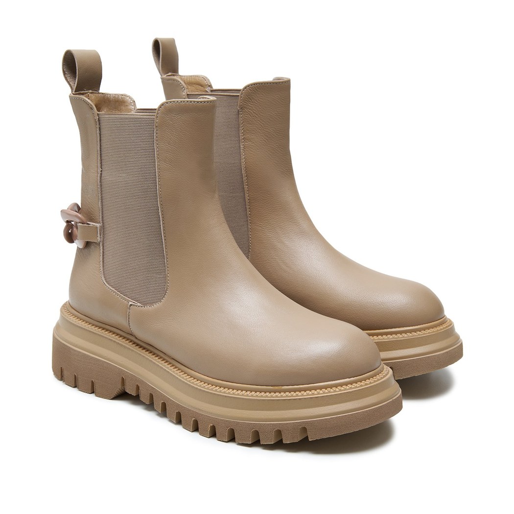 Soft Krem Kadın Zincir Detaylı Deri Chelsea Bot