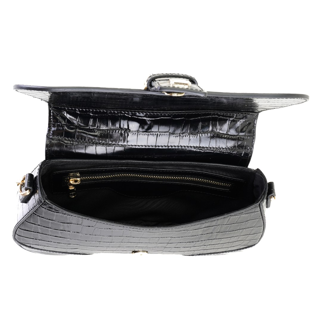 Stengel Siyah Kadın Kroko Baskılı Deri Omuz Çantası