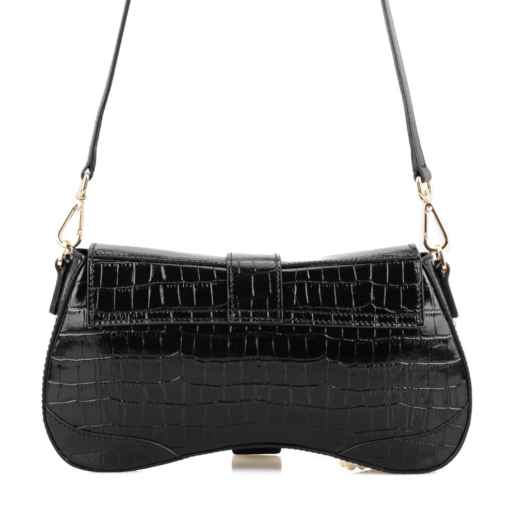 Stengel Siyah Kadın Kroko Baskılı Deri Omuz Çantası