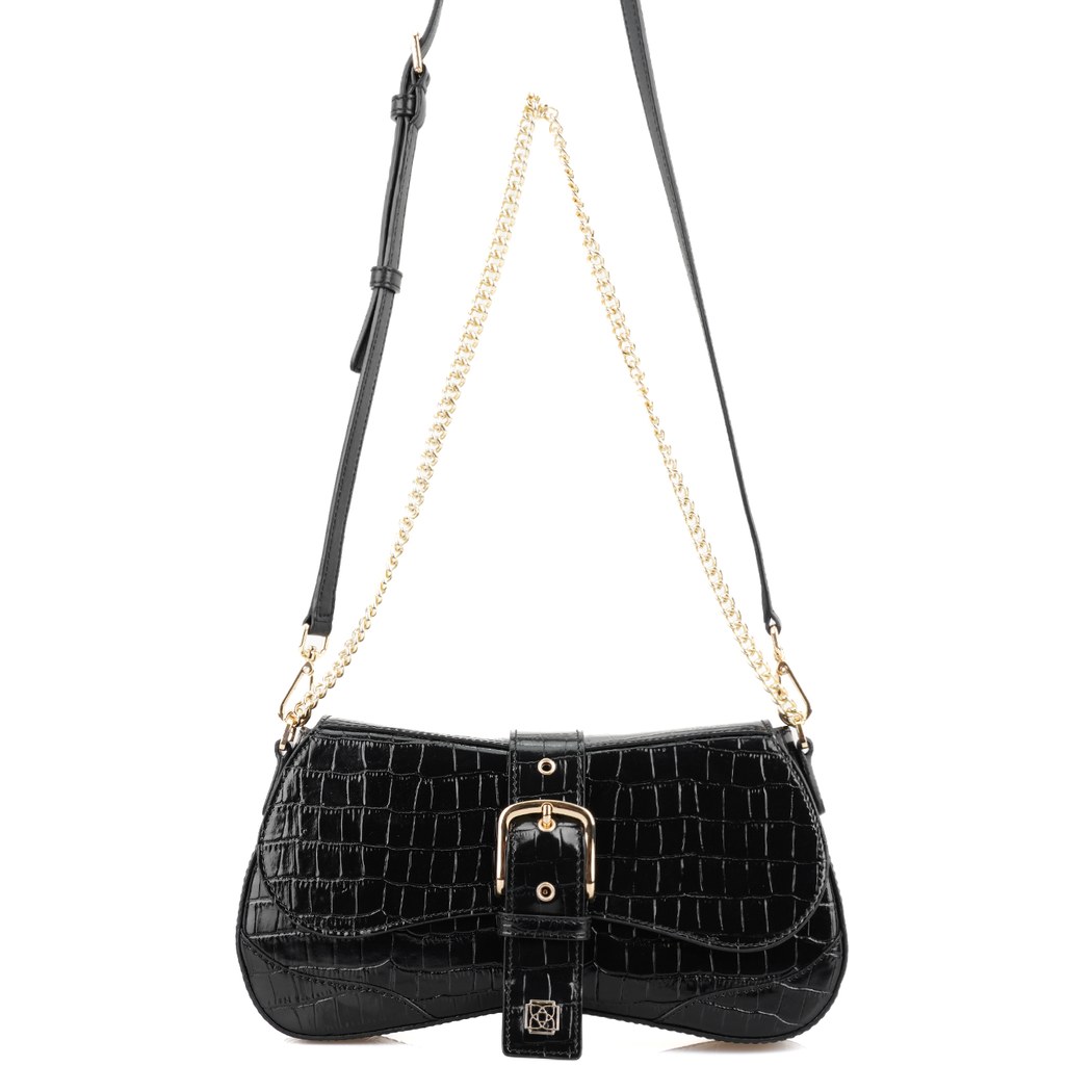 Stengel Siyah Kadın Kroko Baskılı Deri Omuz Çantası