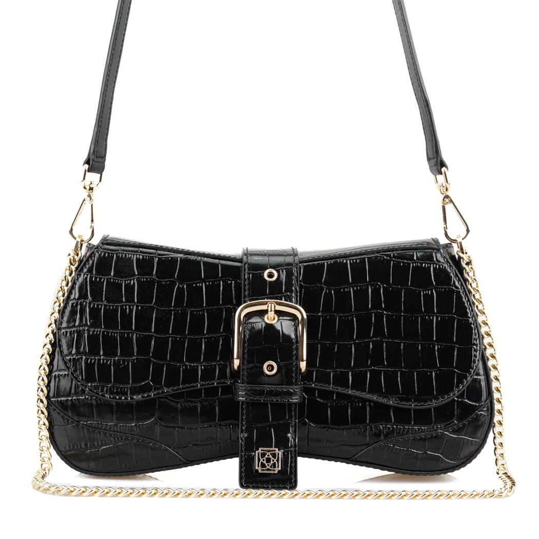 Stengel Siyah Kadın Kroko Baskılı Deri Omuz Çantası