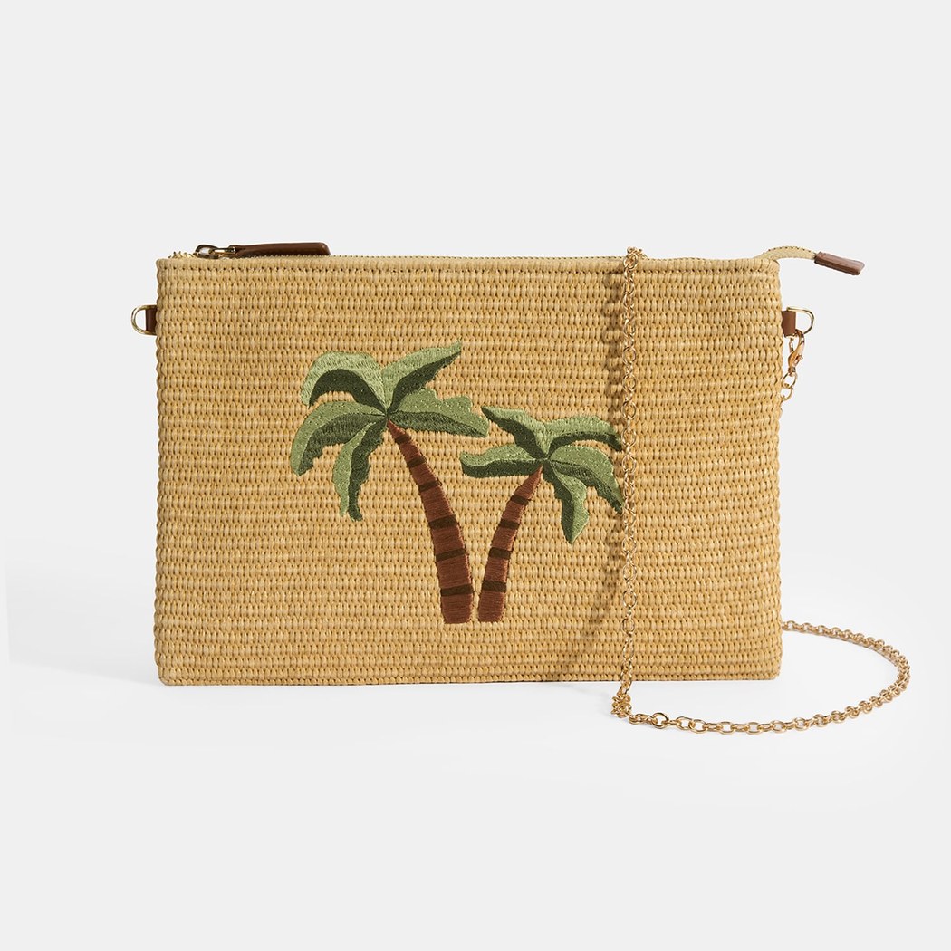 Taba Palmiye Nakışlı Hasır Clutch