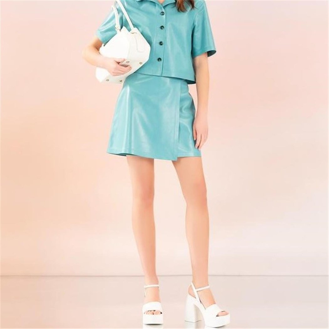 Tiberia Kadın Turkuaz Mini Deri Etek