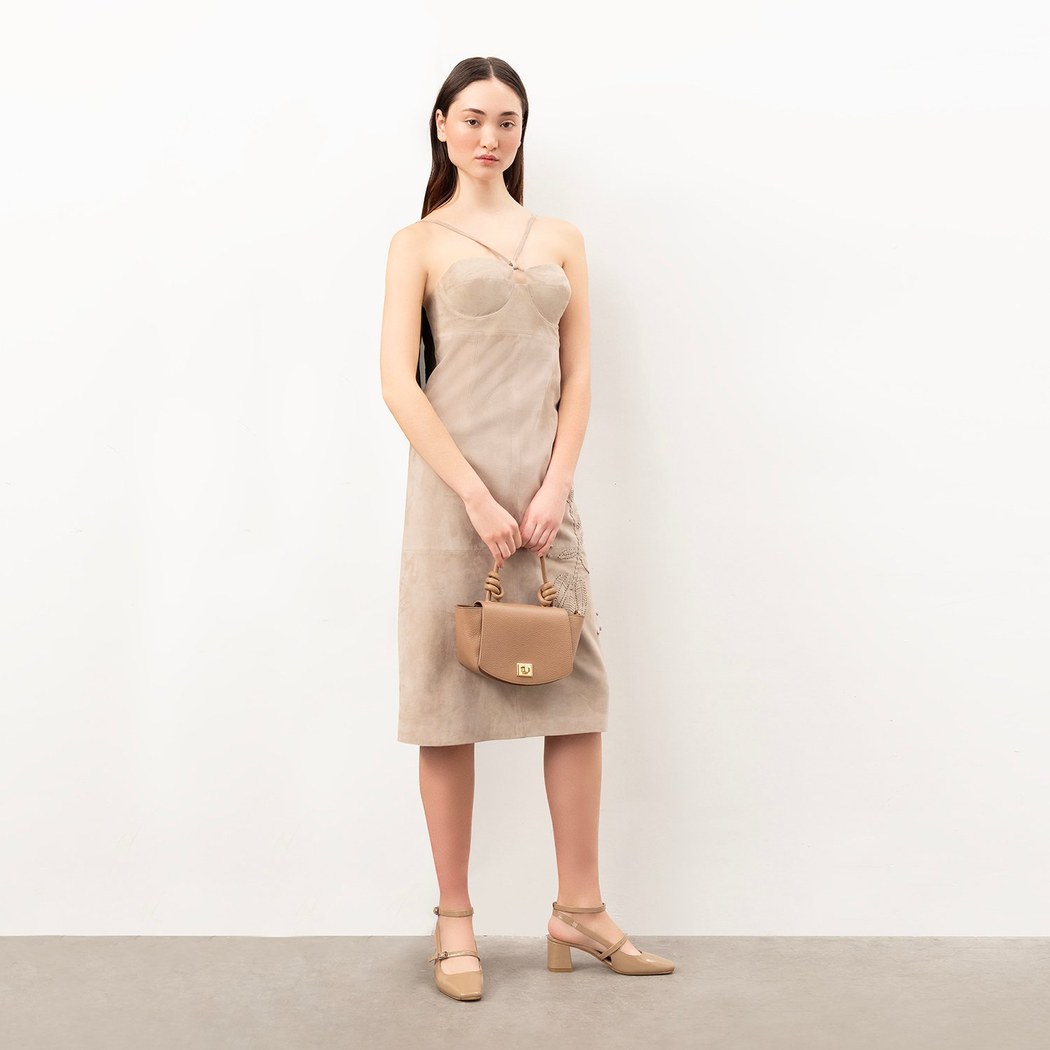 Verona Bej Kadın Nakışlı Süet Deri Elbise