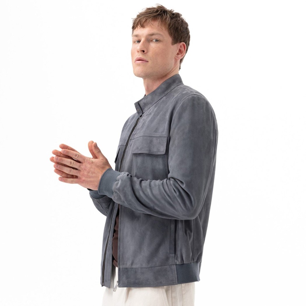 Vitale Gri Erkek Süet Deri Bomber Ceket