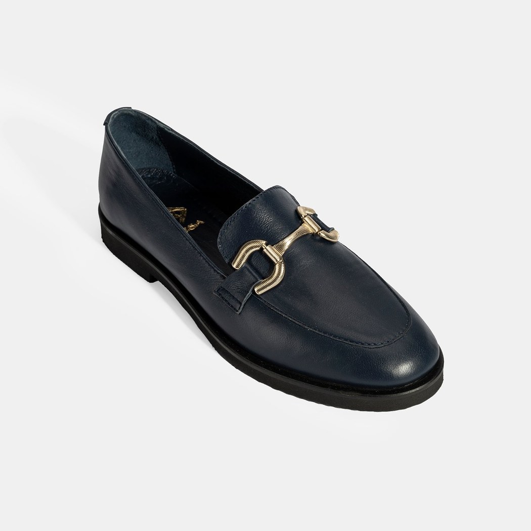 XXX Kadın Lacivert Metal Toka Aksesuarlı Deri Loafer