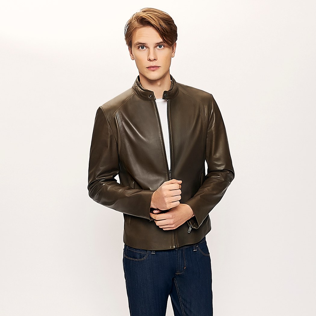 Yeşil Brando Erkek Deri Mont