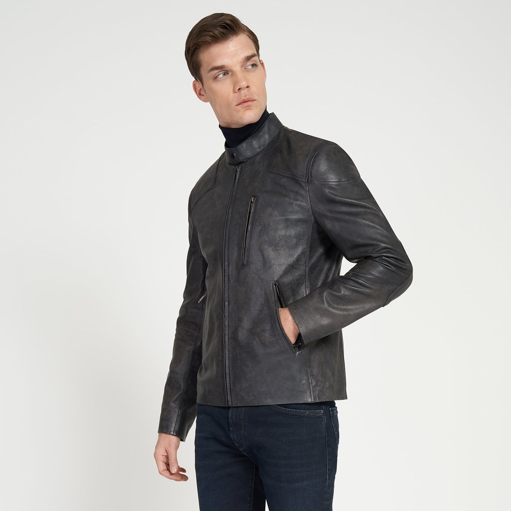 Zenon Lacivert Erkek Vintage Deri Ceket