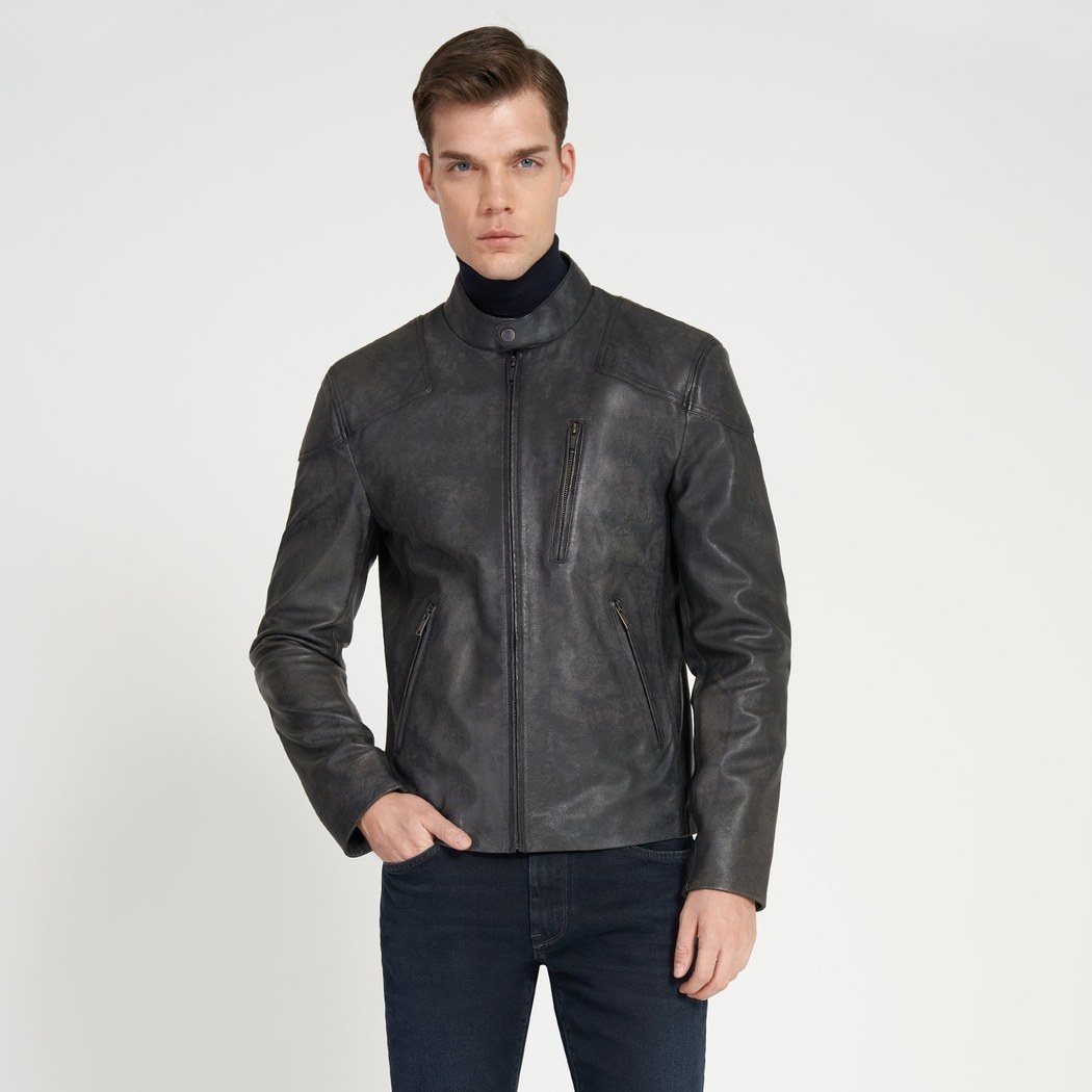 Zenon Lacivert Erkek Vintage Deri Ceket