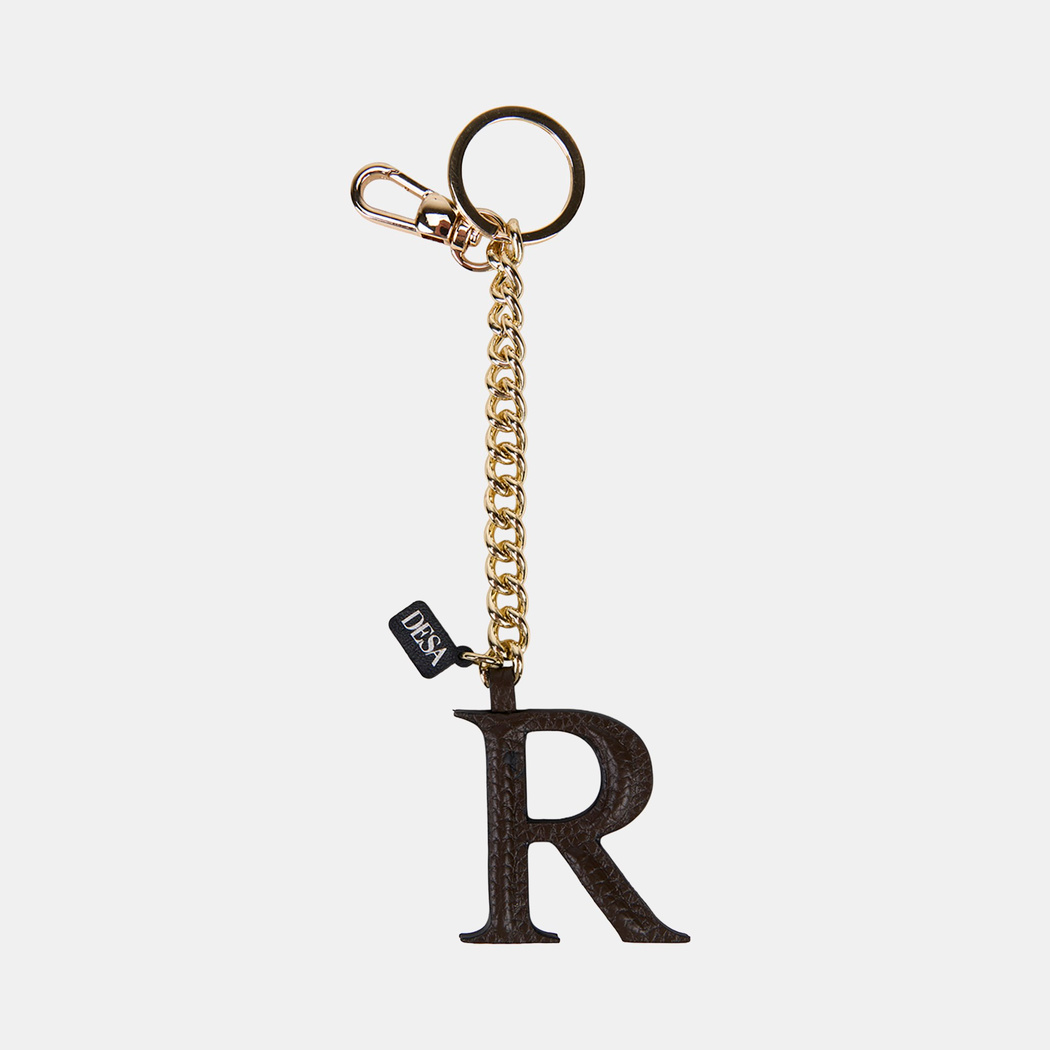 Acı Kahve R Harfi Gold Zincirli Deri Charm / Anahtarlık