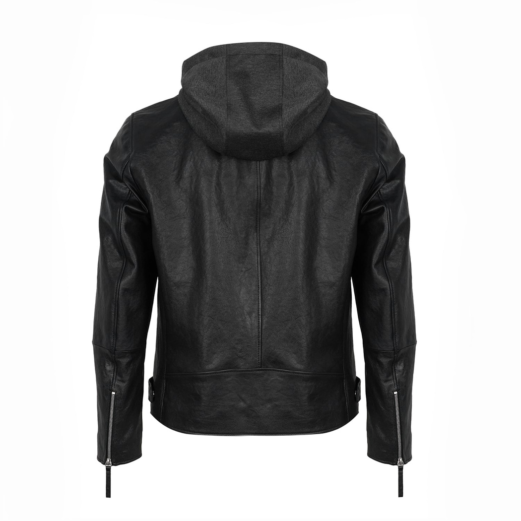 Aimone Siyah Erkek Kapüşonlu Deri Ceket