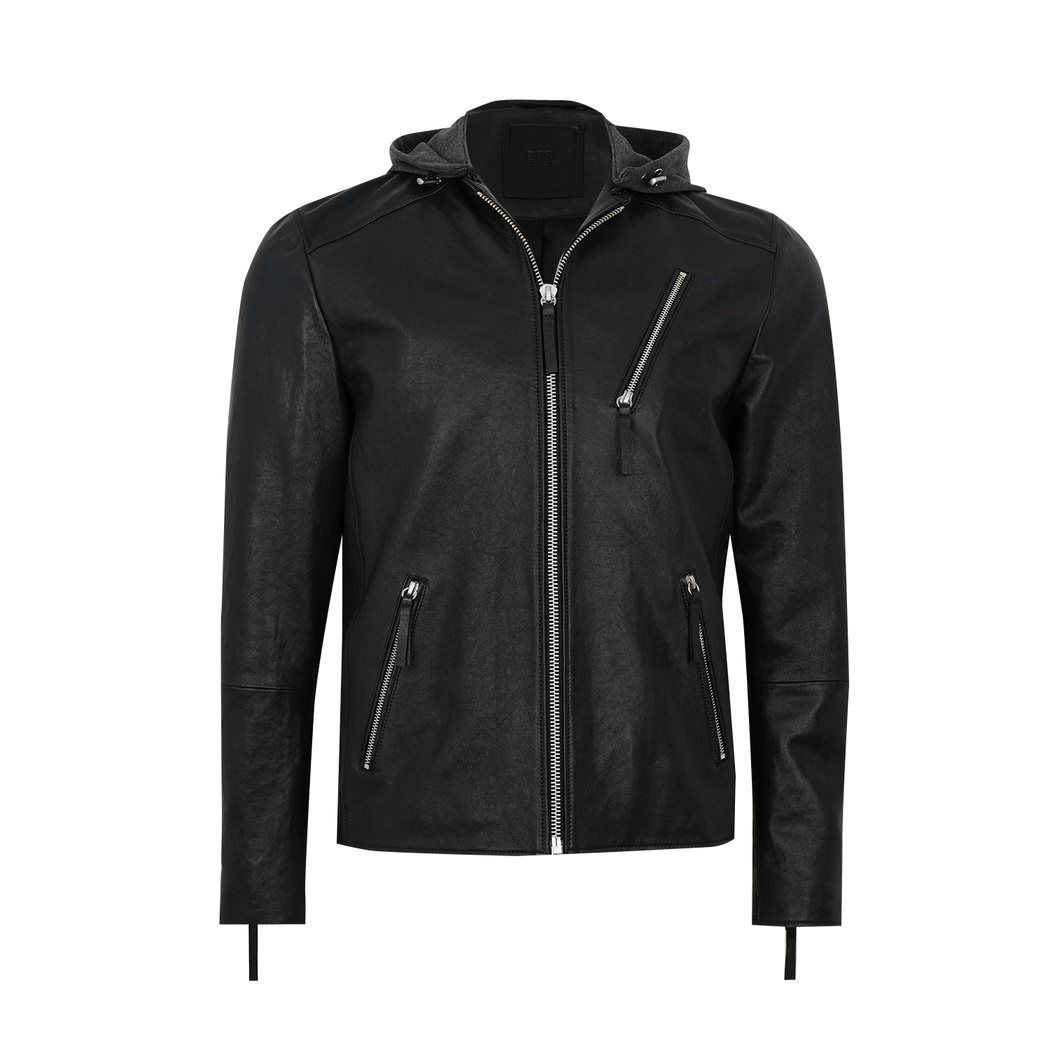 Aimone Siyah Erkek Kapüşonlu Deri Ceket