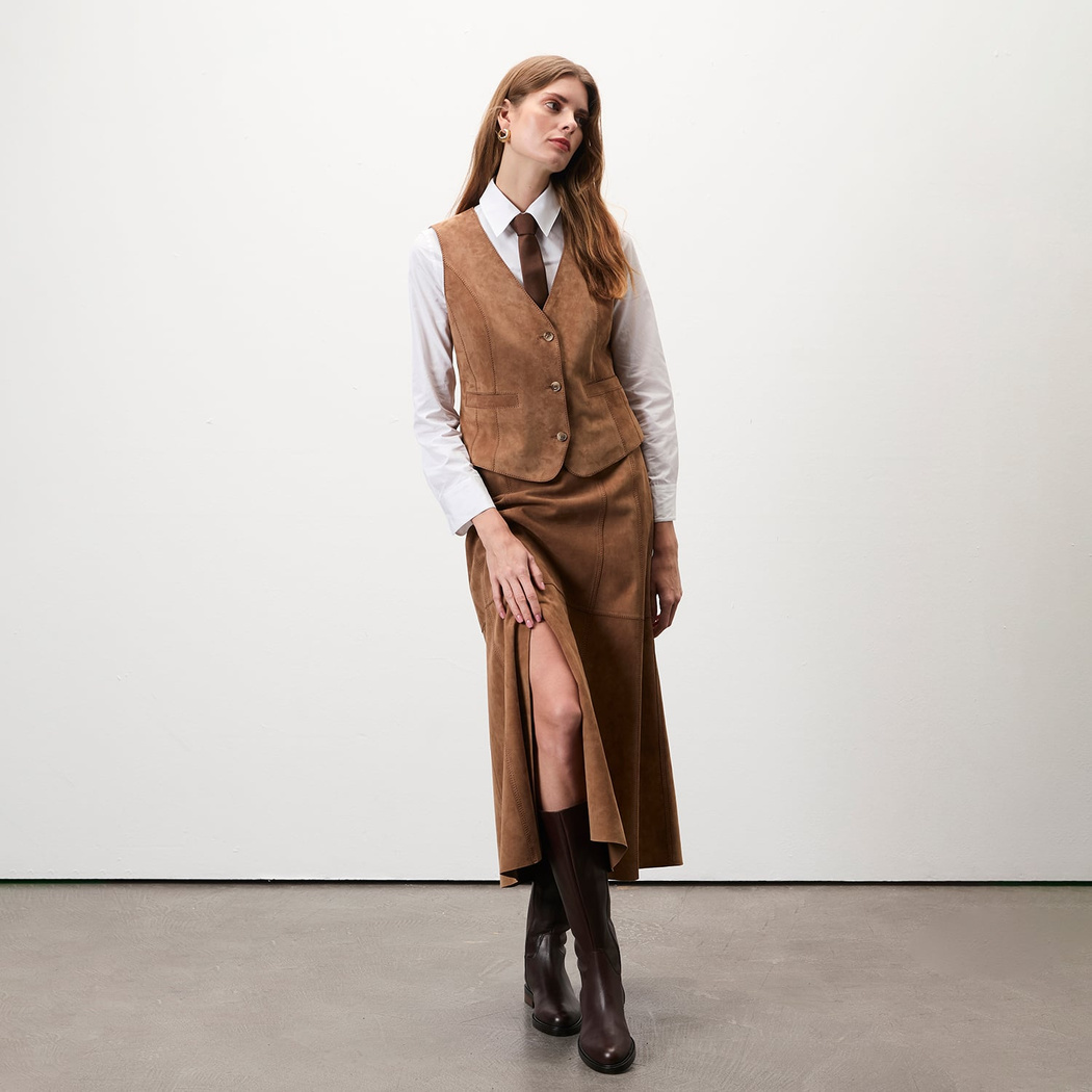 Alaqua Kahve Kadın Süet Deri Yelek