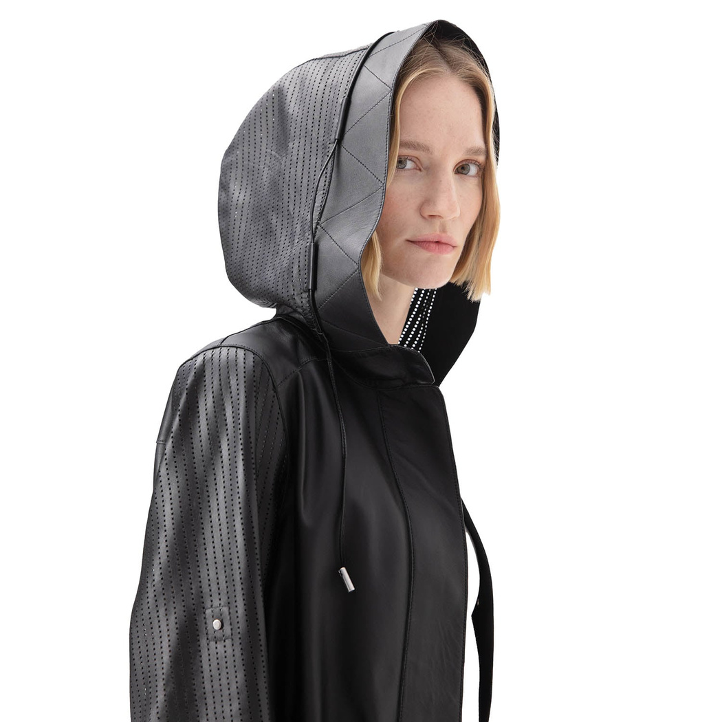 Aldabella Siyah Kadın Perforeli Deri Pardösü