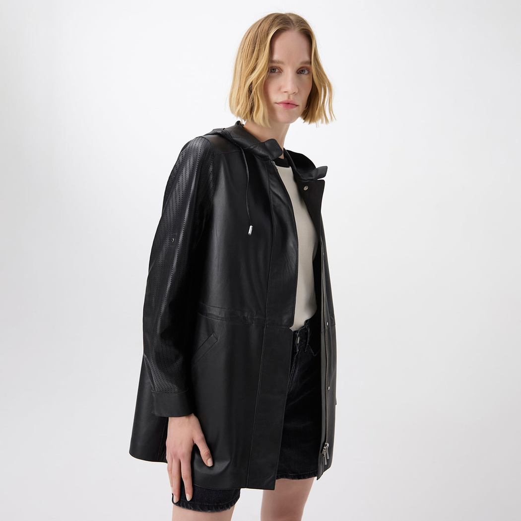 Aldabella Siyah Kadın Perforeli Deri Pardösü