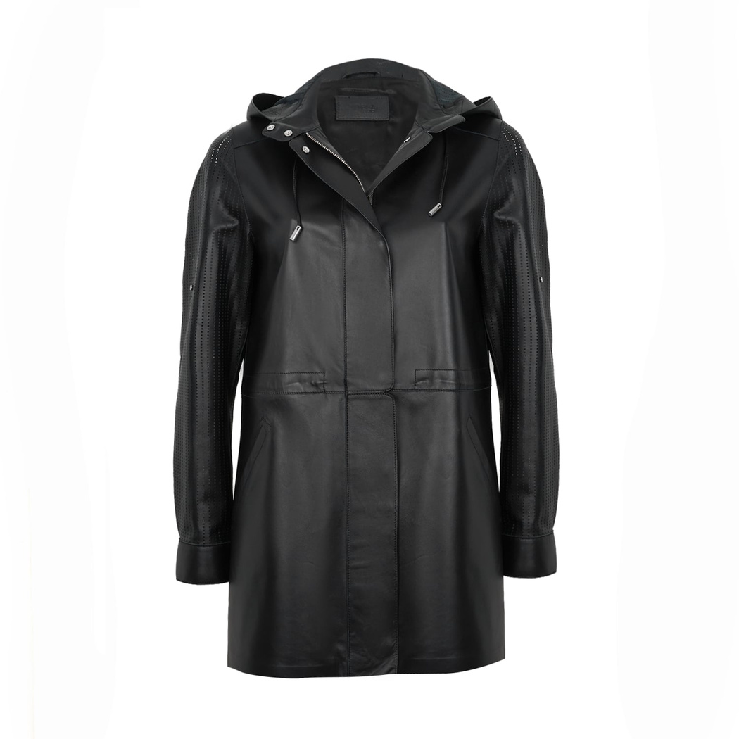 Aldabella Siyah Kadın Perforeli Deri Pardösü