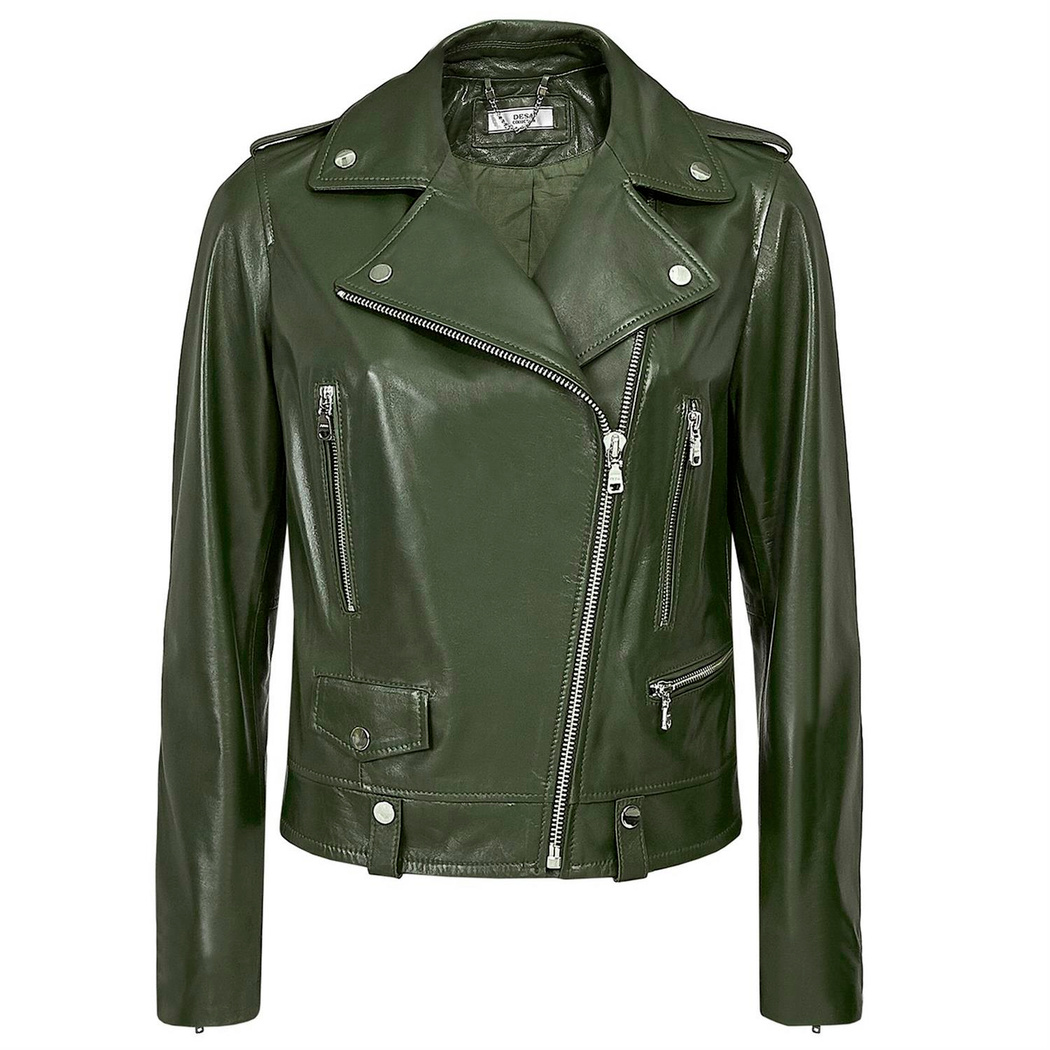 Aletta Yeşil Kadın Biker Deri Ceket
