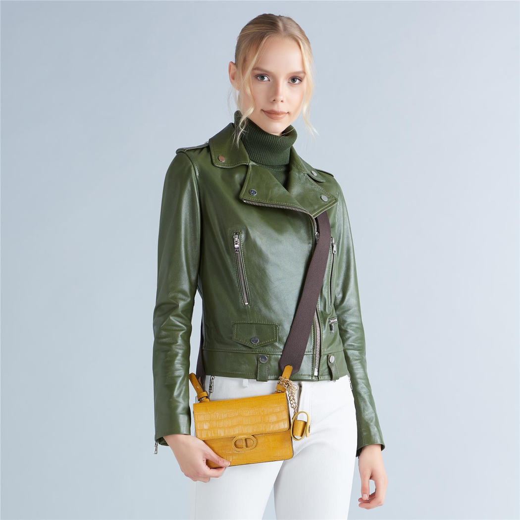 Aletta Yeşil Kadın Biker Deri Ceket