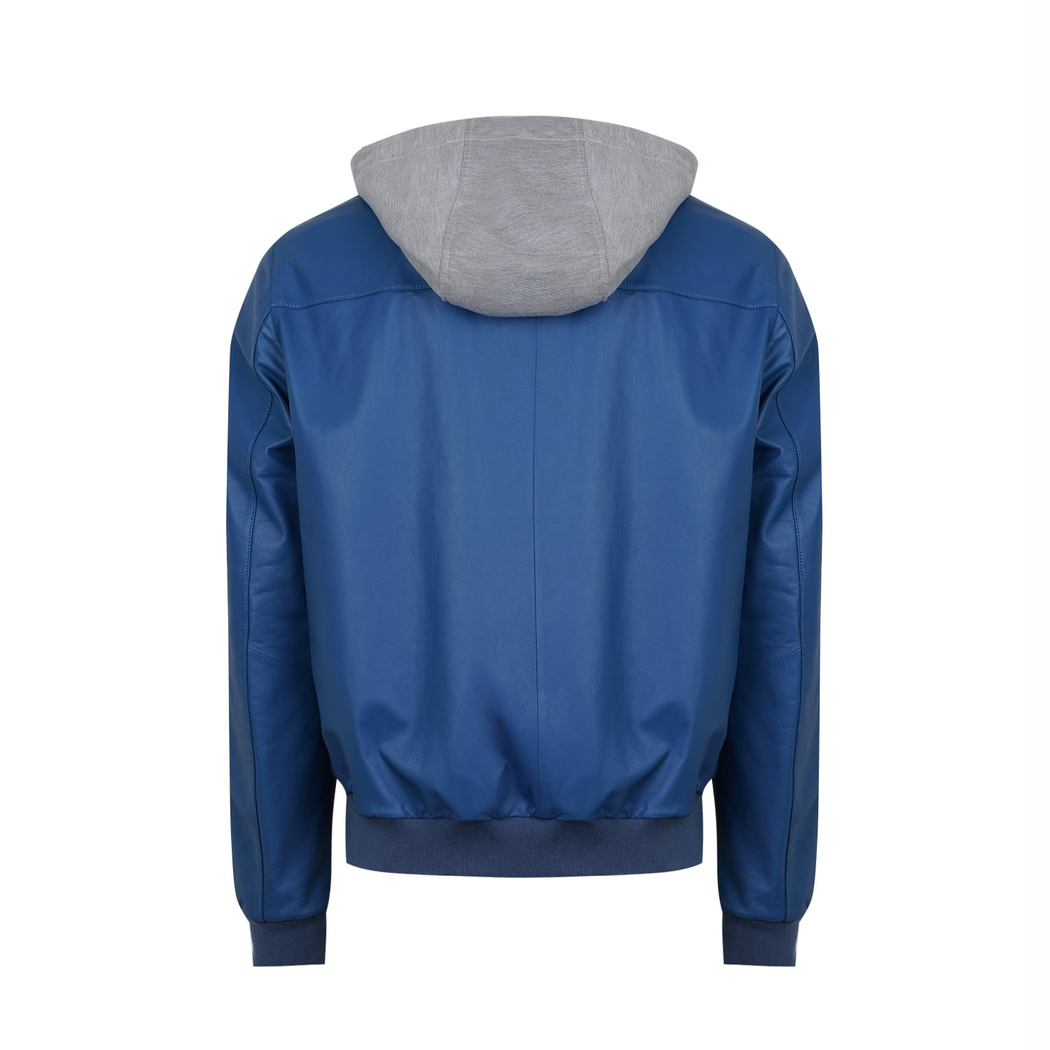 Also Mavi Erkek Kapüşonlu Deri Mont