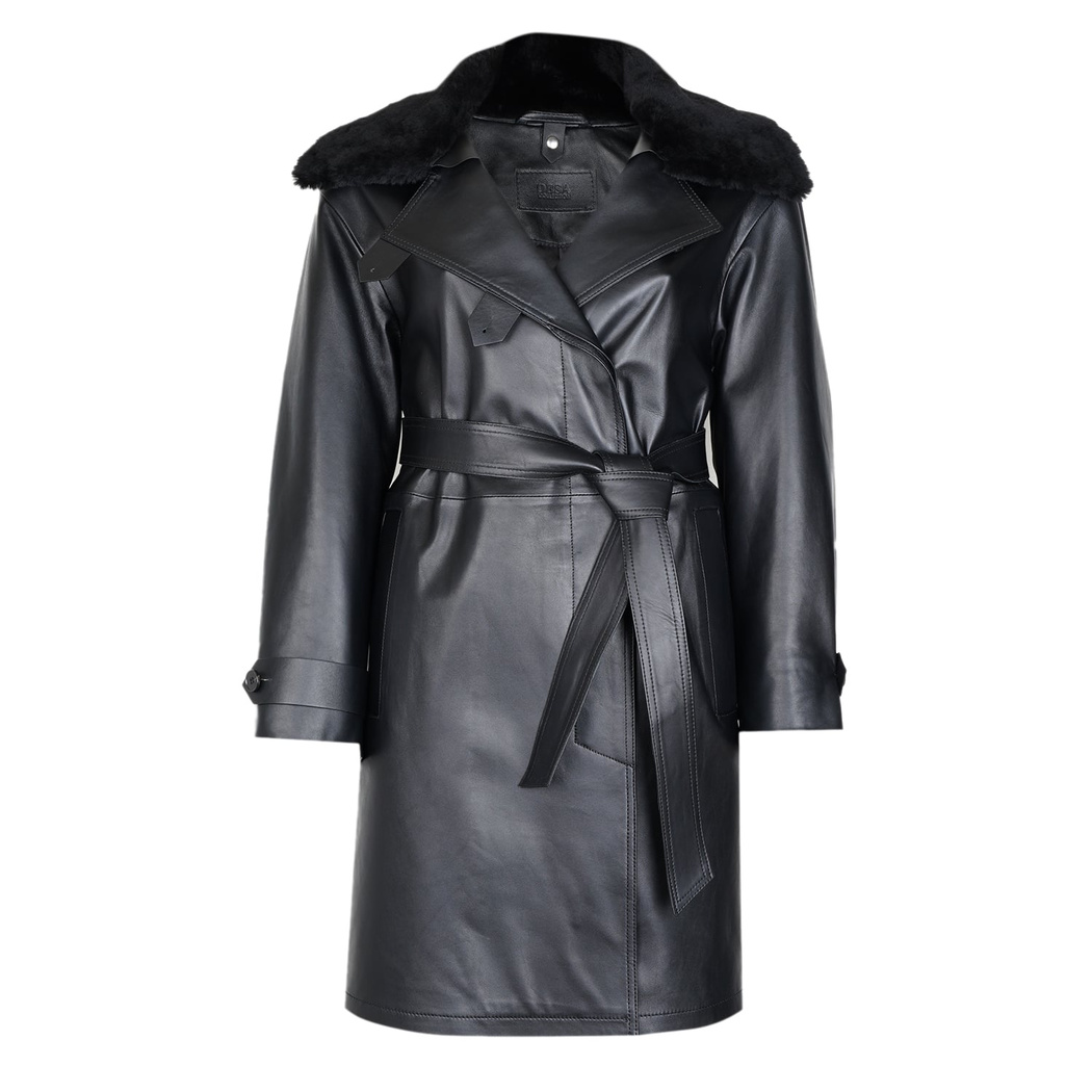 Amiah Siyah Kadın Oversize Deri Pardösü