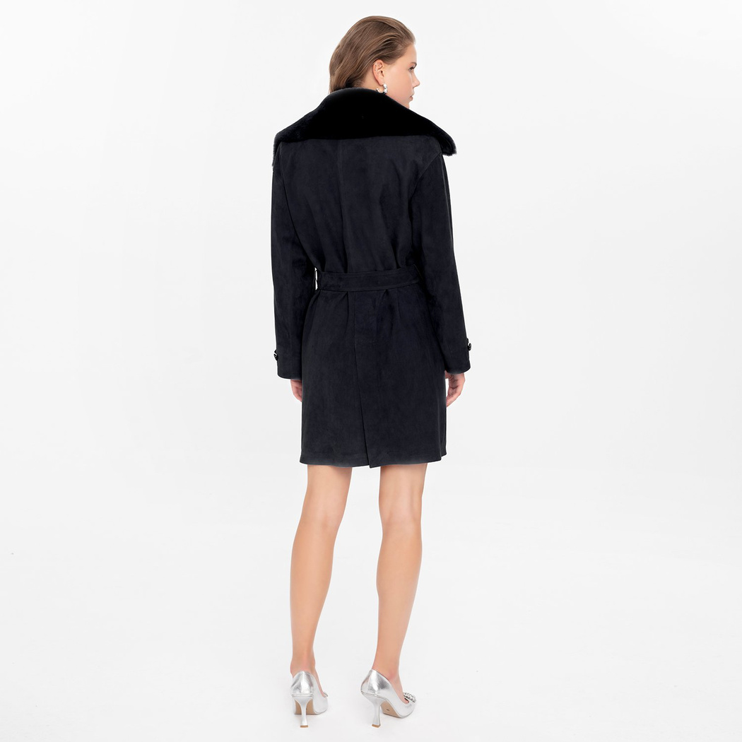 Amiah Siyah Kadın Oversize Deri Pardösü